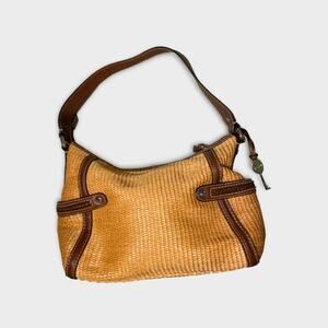 Fossil Rattan Leather Straw Shoulder Bag